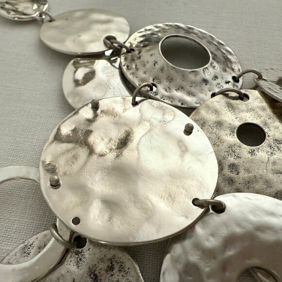 Chicos Hammered Disc Bib Necklace 17 to 20in Silver Tone Statement Chain - Picture 9 of 15